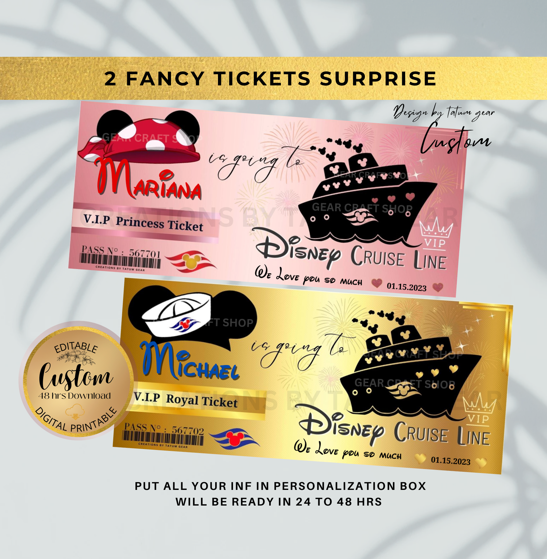 2 Printable Fancy VIP DisneyCruise Ticket, Custom Cruise Ship Boarding Pass