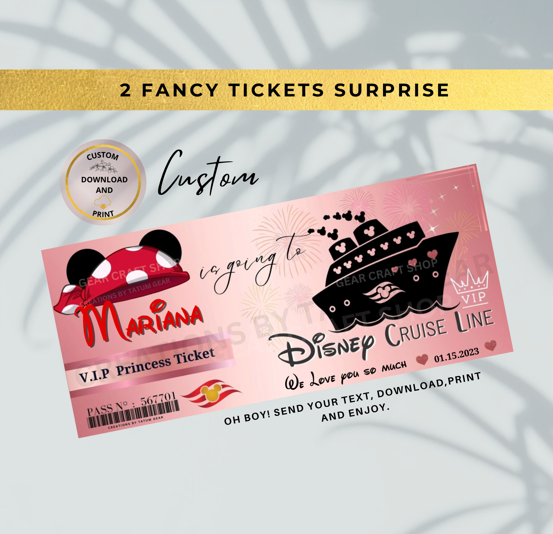 2 Printable Fancy VIP DisneyCruise Ticket, Custom Cruise Ship Boarding Pass