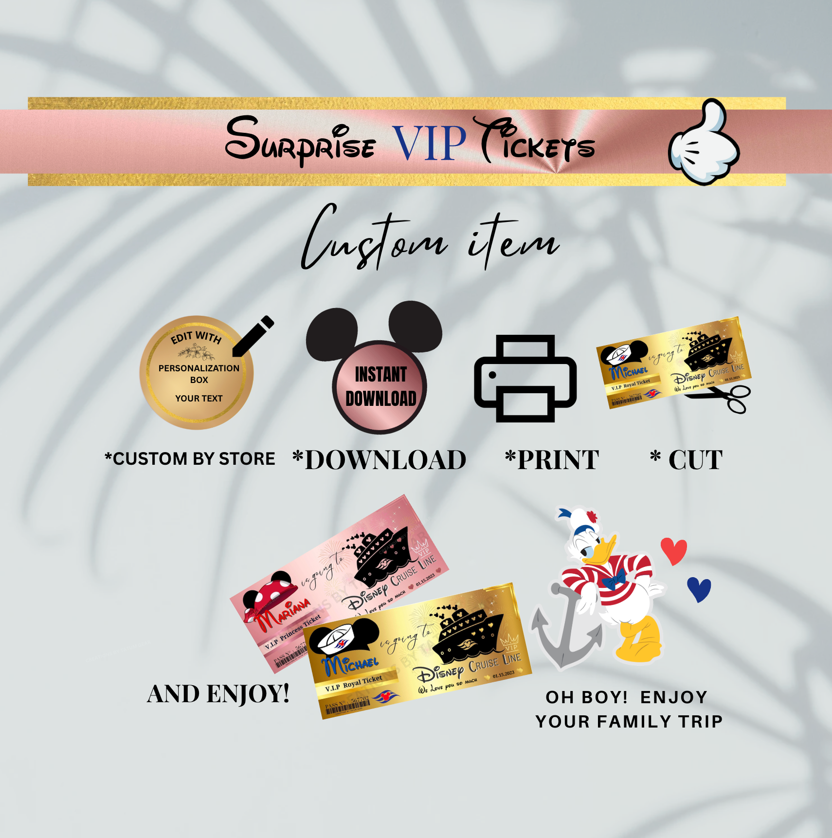 2 Printable Fancy VIP DisneyCruise Ticket, Custom Cruise Ship Boarding Pass
