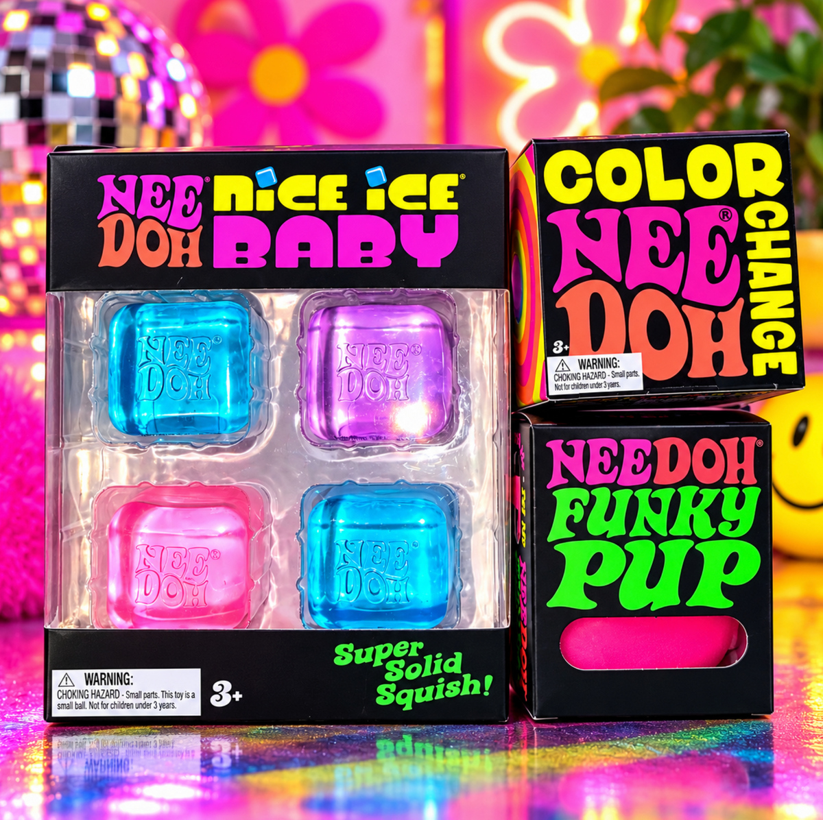 NeeDoh Bundle: Nice Ice Baby 4-Pack, Pink Funky Pup & Color-Change Ball