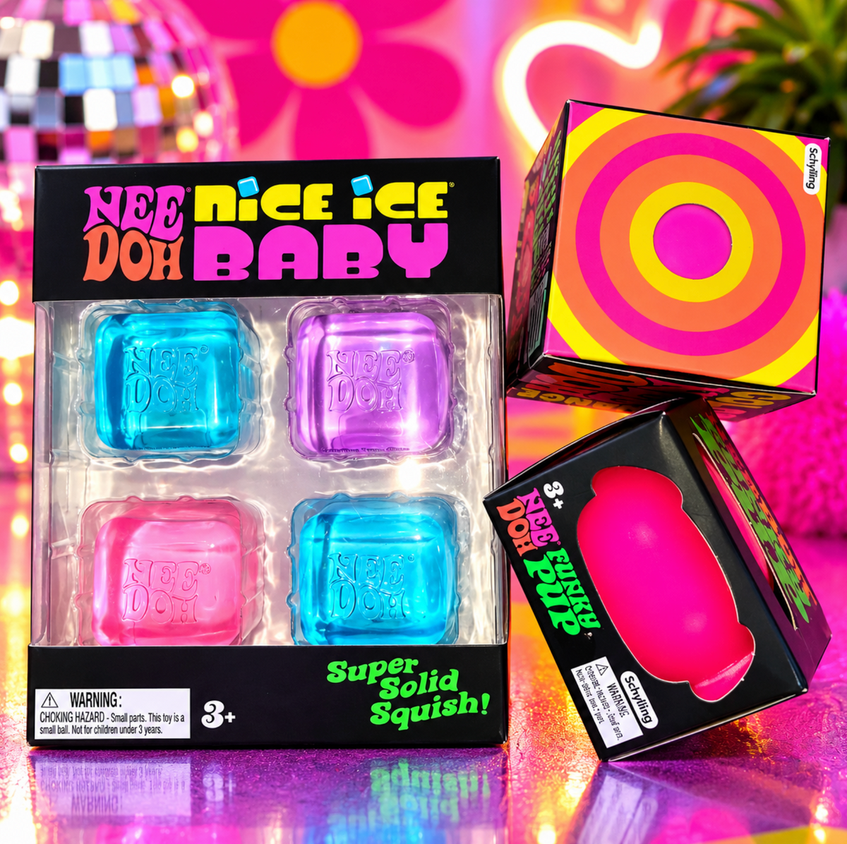 NeeDoh Bundle: Nice Ice Baby 4-Pack, Pink Funky Pup & Color-Change Ball