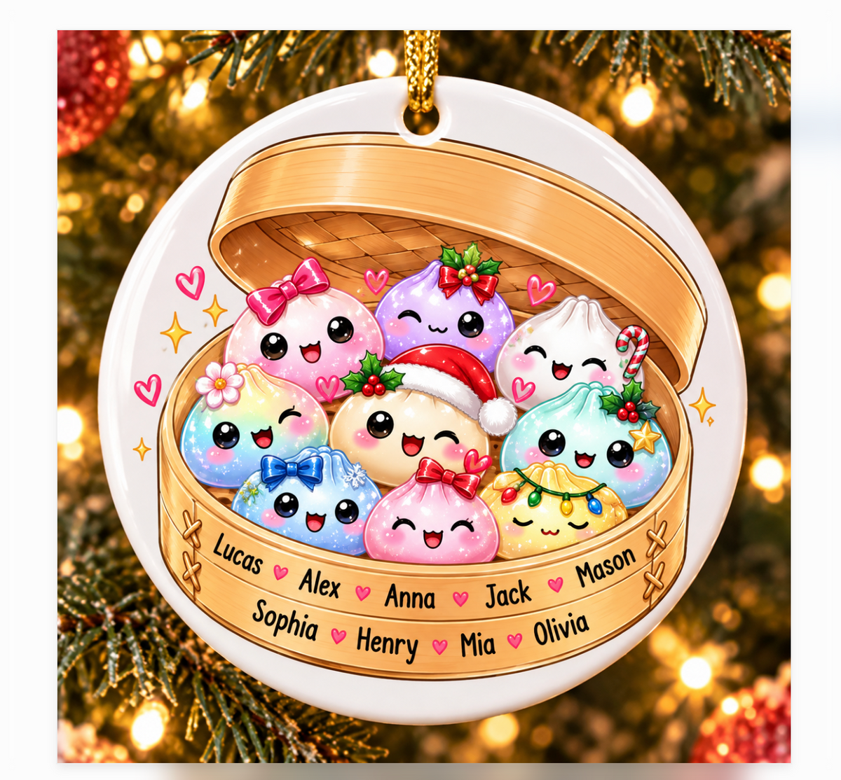 Personalized dumpling family Christmas ornament with custom names