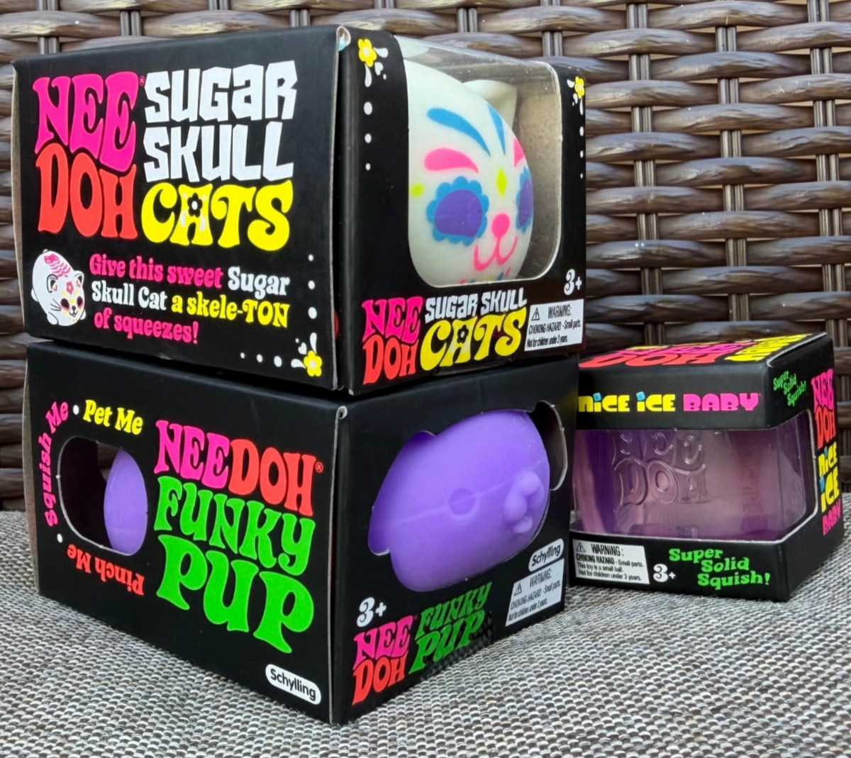 NeeDoh Nice Ice Baby + Purple Funky Pup + Sugar Skull Cats Bundle | 3-Piece Set