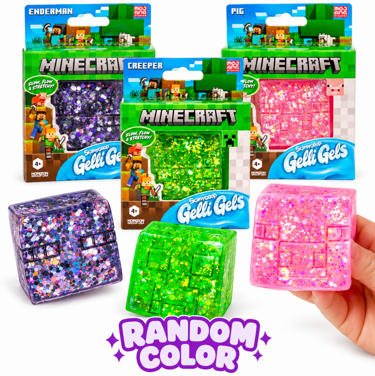 Minecraft Slimygloop Gelli Gels squishies in Creeper, Enderman, and Pig designs; one mystery design per order