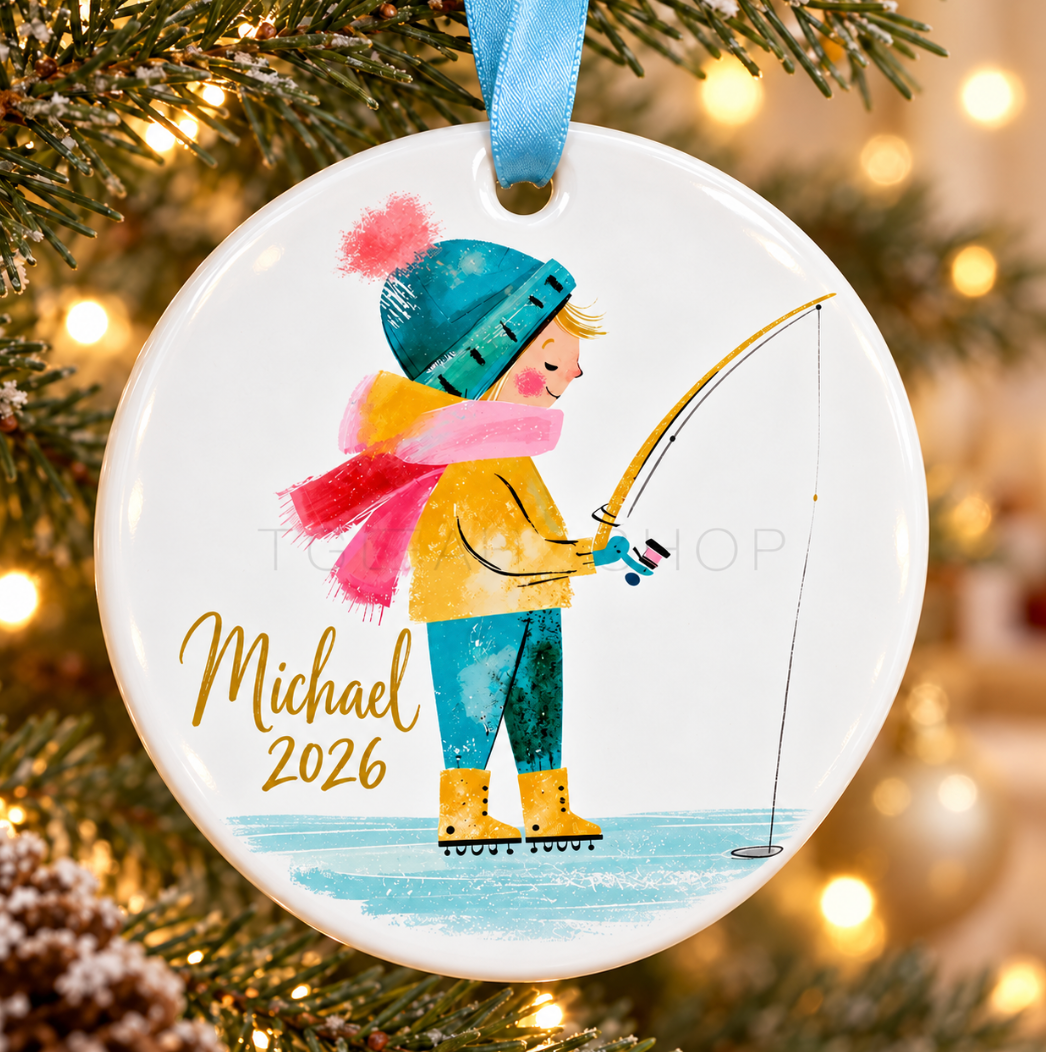 Personalized Christmas ornament featuring a child ice fishing with the example name Michael.