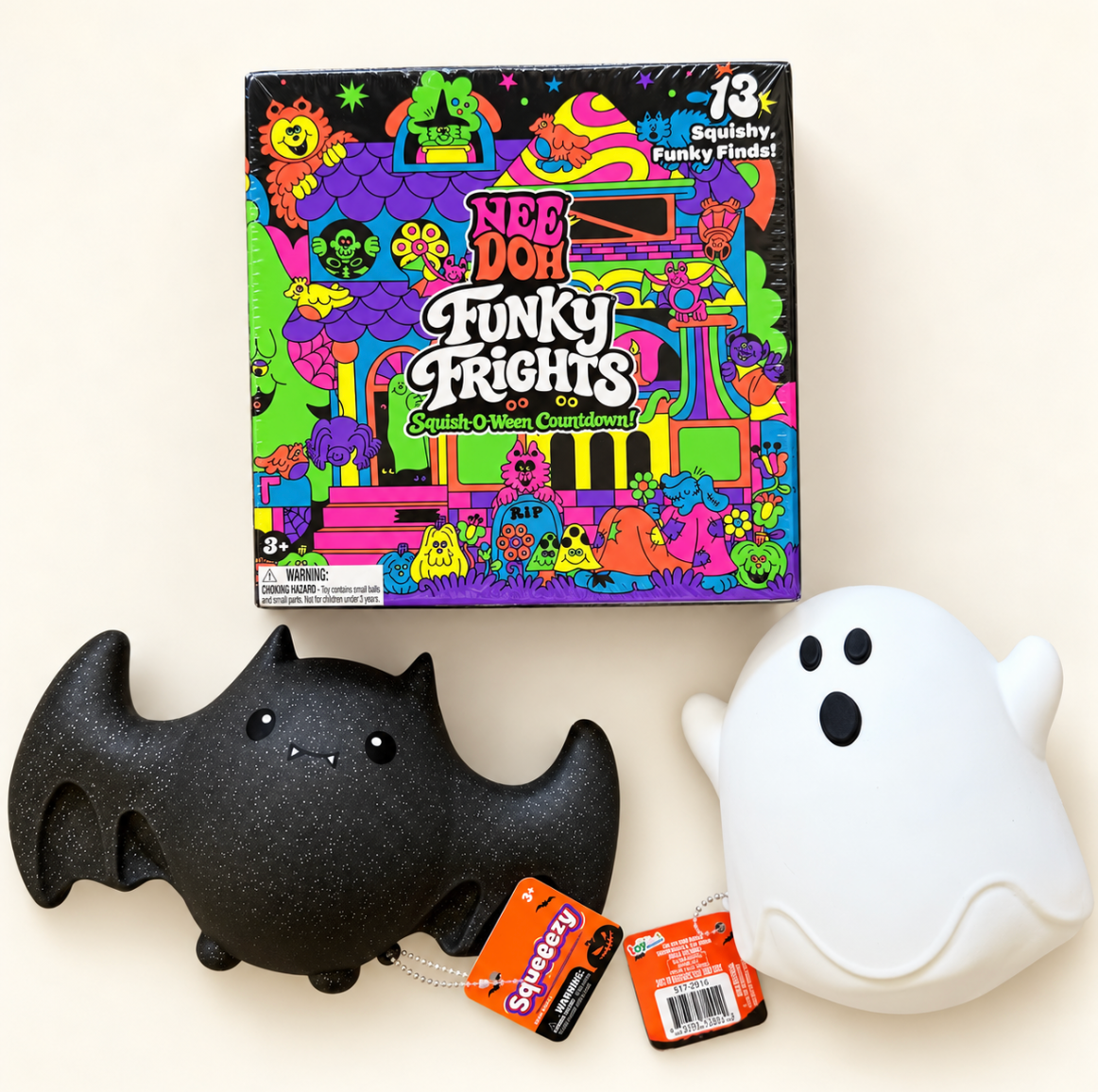 Cute Squishy Halloween Bundle with NeeDoh Funky Frights countdown box, black bat and white ghost