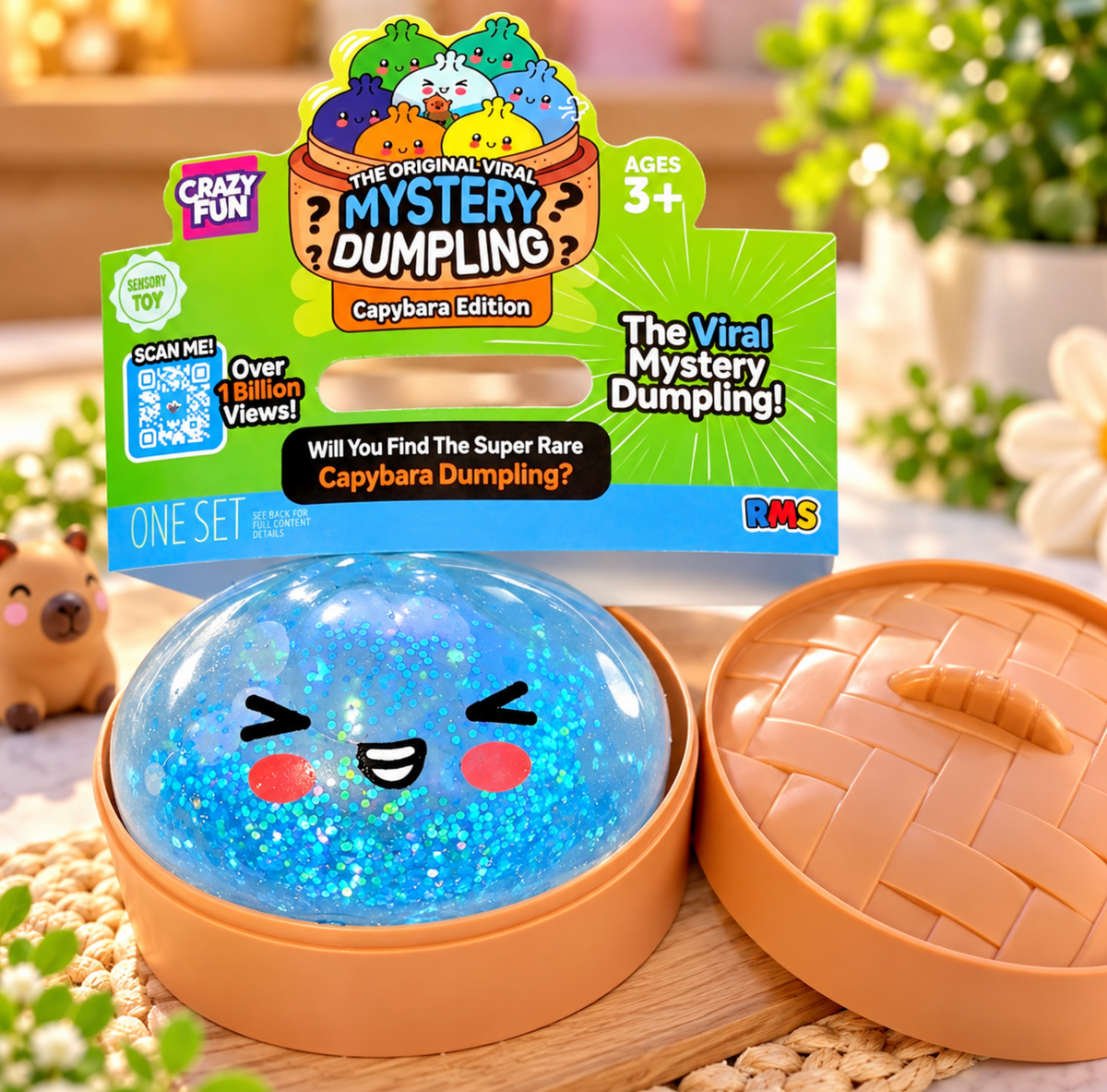 RMS Mystery Dumpling Capybara Edition blue glitter squishy with packaging and steamer-style container