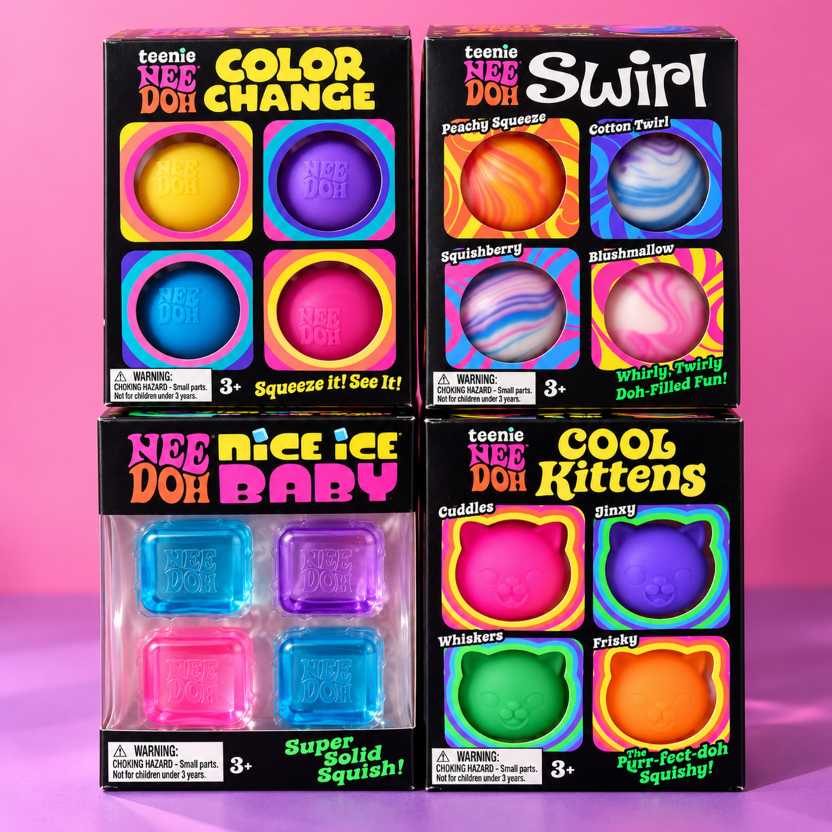 Four authentic NeeDoh multipacks: Teenie Color Change, Teenie Swirl, Nice Ice Baby and Teenie Cool Kittens, with 16 mini squishies total.