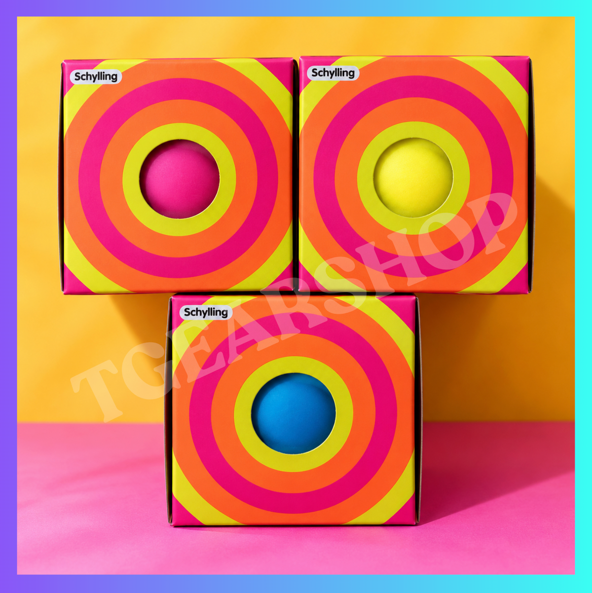 Three individually boxed Schylling NeeDoh Color Change toys in pink, yellow and blue.