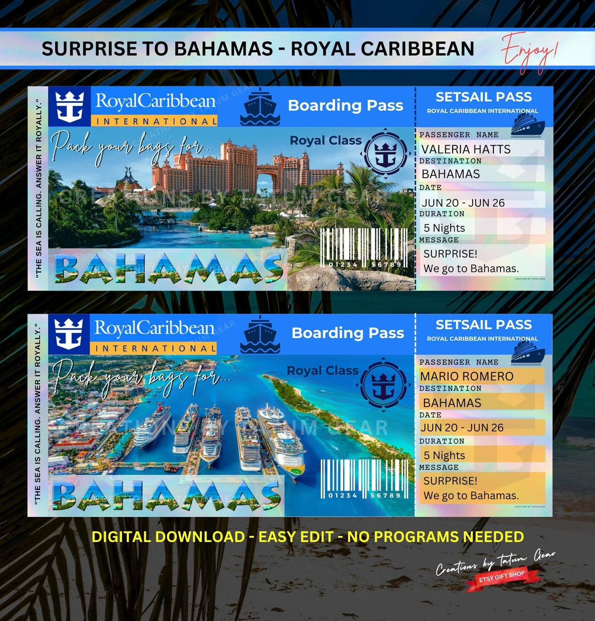 Cruise Printable Ticket Boarding Pass - Surprise Trip to BAHAMAS (Digital print at home)