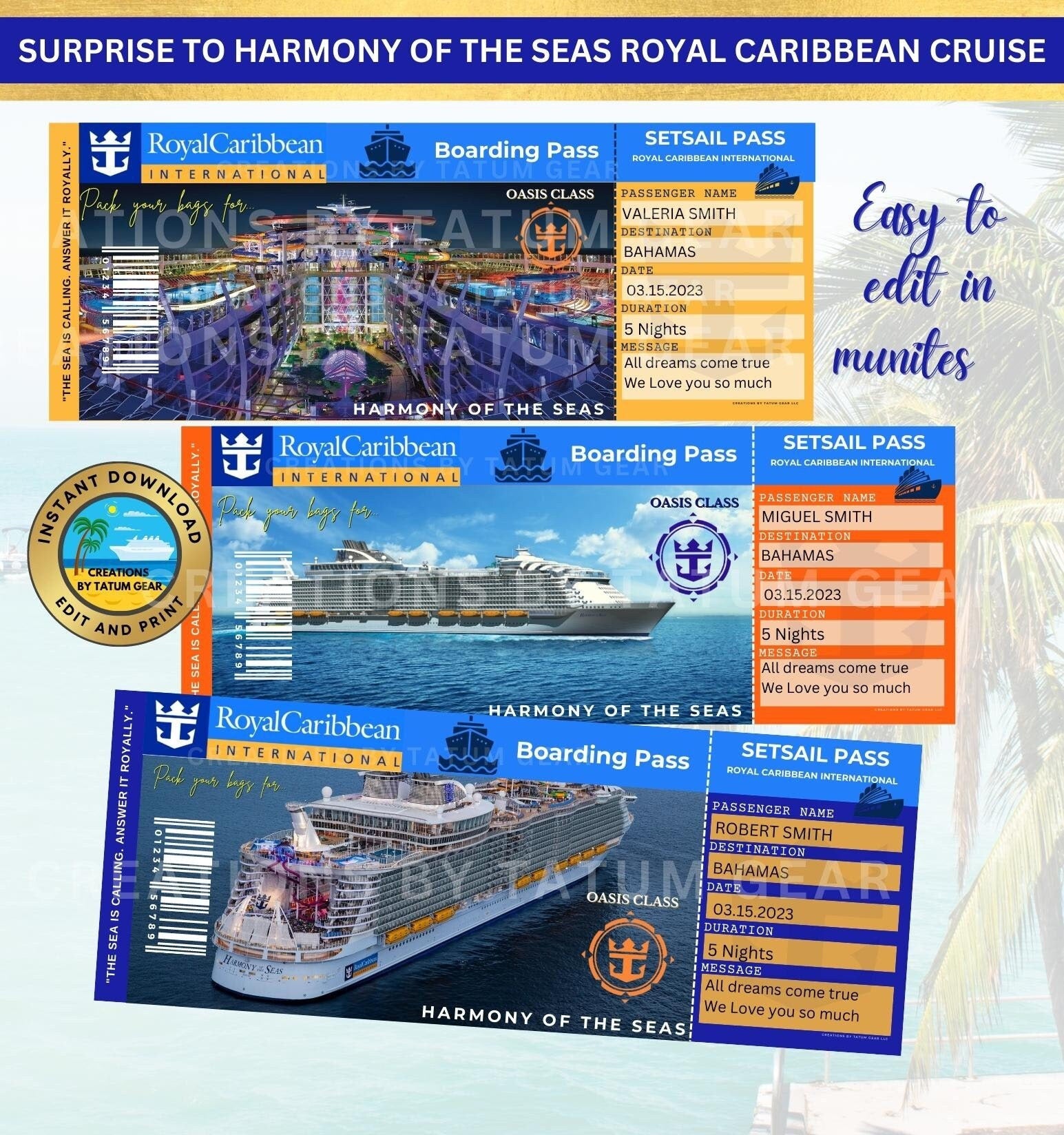 3 Royal Caribbean Cruise Printable Ticket "HARMONY of the SEAS" Surprise in Minutes