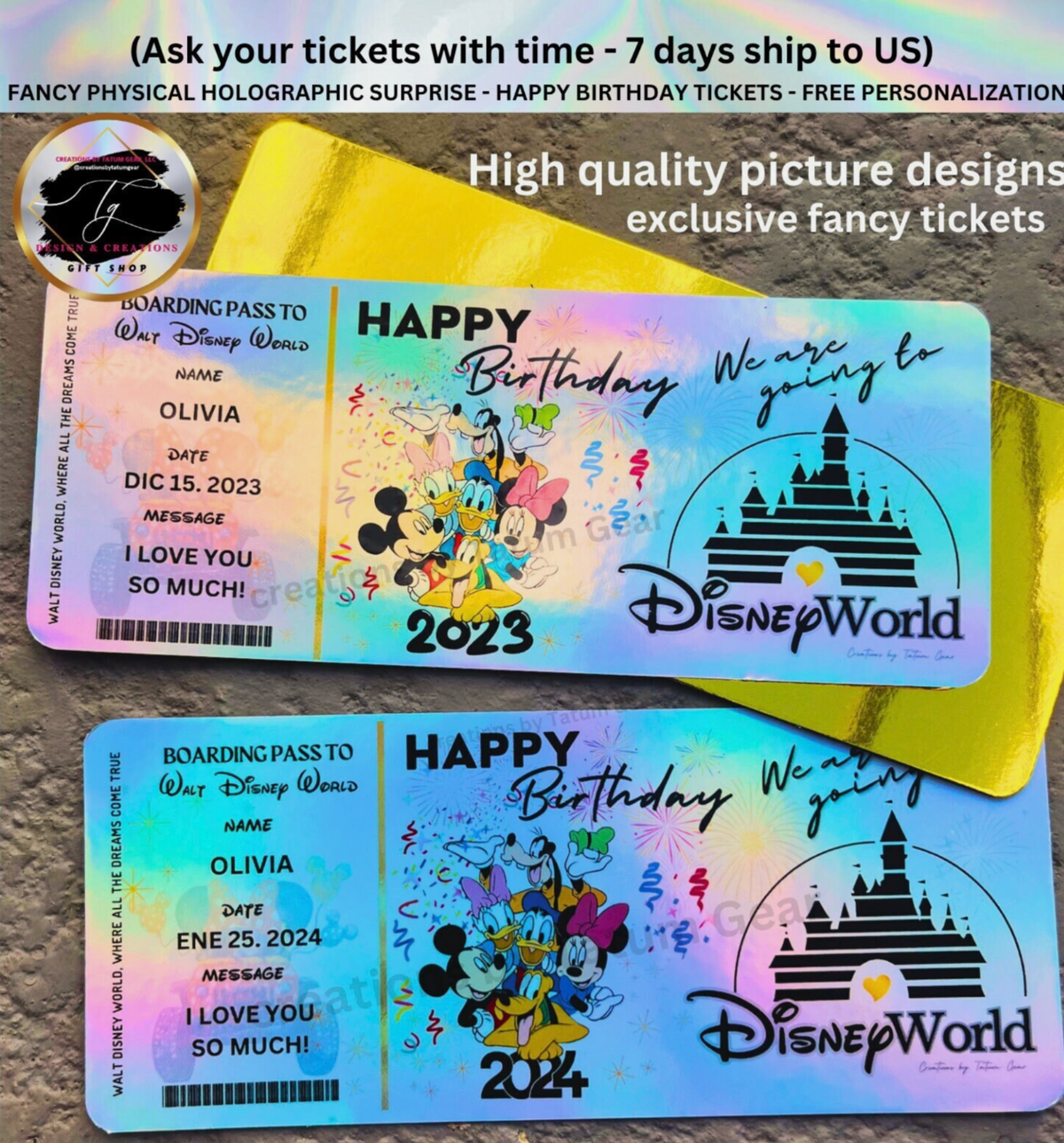 Premium Holographic Birthday Surprise Ticket – Personalized Disney Reveal!