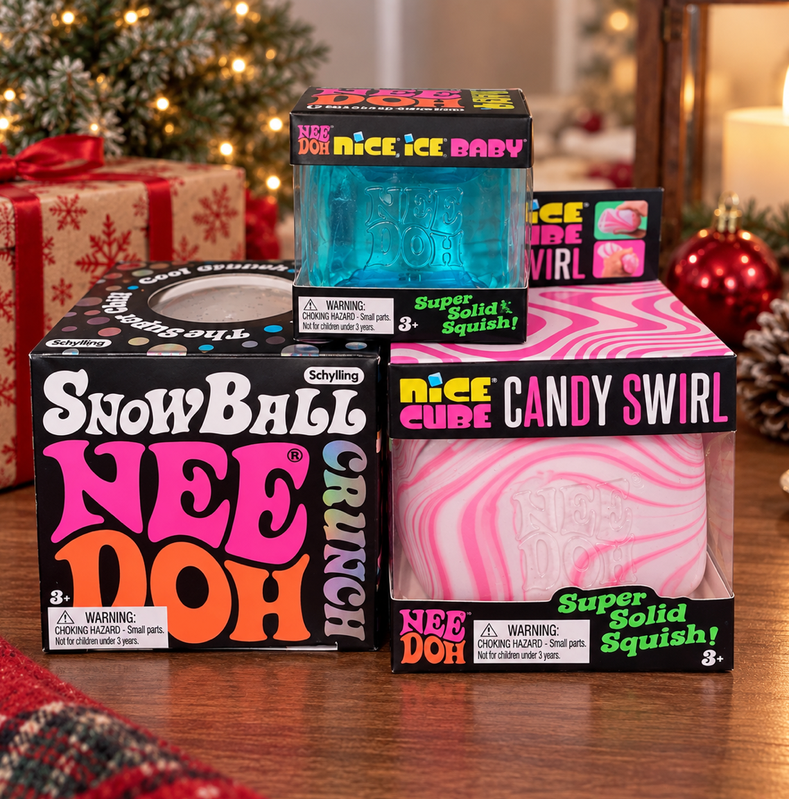 NeeDoh 3-Piece Bundle - Candy Swirl Cube, Snowball & Blue Baby Cube