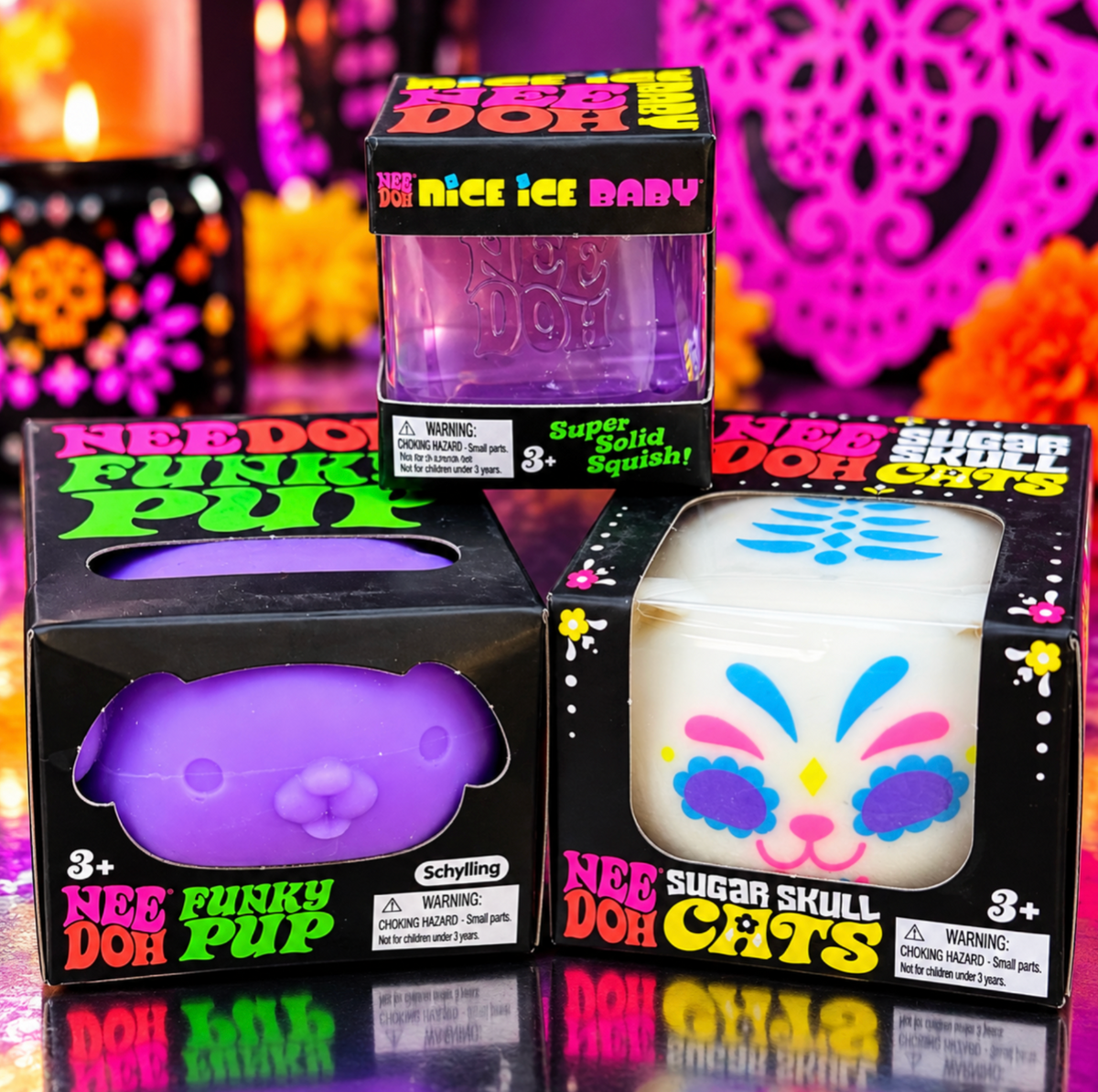 NeeDoh bundle with Nice Ice Baby, purple Funky Pup, and Sugar Skull Cats