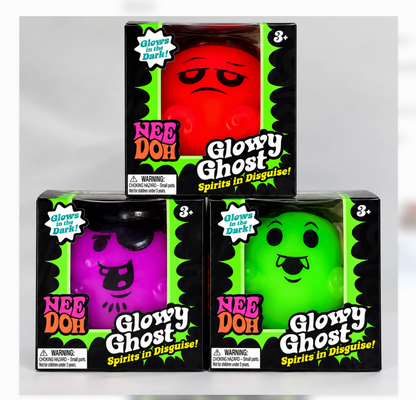 Tres diseños de NeeDoh Glowy Ghost en caja: naranja, morado y verde; se vende uno en color sorpresa