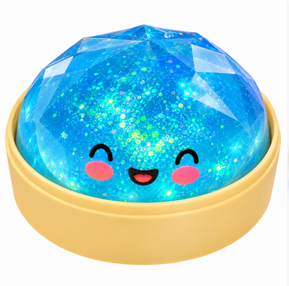 Blue glitter RMS Crazy Fun Diamond Edition squishy dumpling in gold-colored base