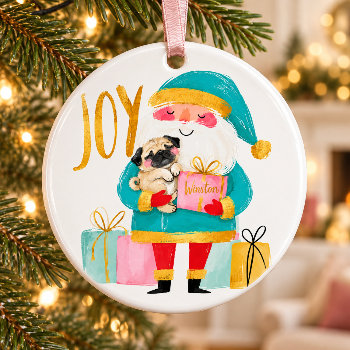 Santa with Your Pet – Personalized Ceramic Ornament with Pet Breed & Name