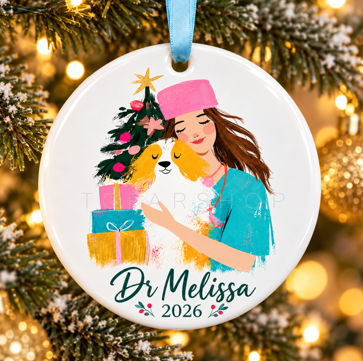 Round personalized ceramic Christmas ornament showing a veterinary professional holding a dog, with the example name Dr Melissa and year 2026.