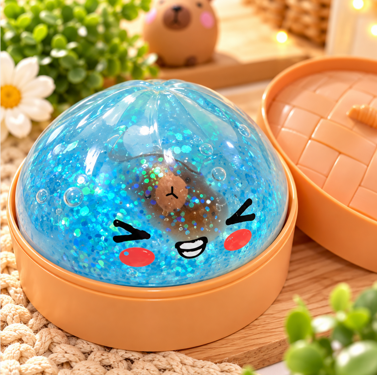 Close-up of blue glitter RMS dumpling with capybara inside and container lid