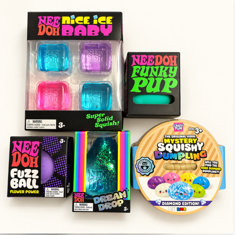 Five-package Christmas squishy gift bundle with NeeDoh Nice Ice Baby 4-pack, Funky Pup, Fuzz Ball Flower Power, Dream Drop and Mystery Squishy Dumpling Diamond Edition
