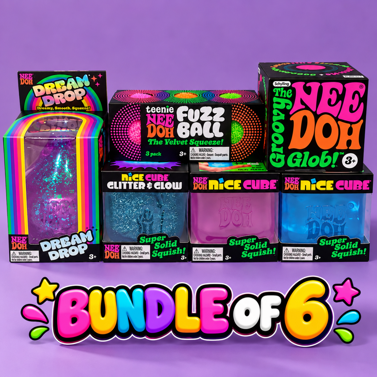 NeeDoh bundle of six packages with purple Dream Drop, Teenie Fuzz Ball 3-pack, Groovy Glob, Glitter & Glow Nice Cube, pink Nice Cube and blue Nice Cube.