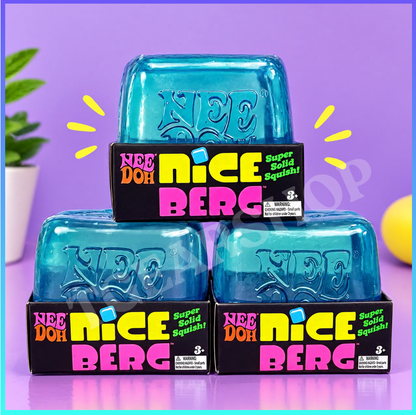 Bundle of three blue Schylling NeeDoh Nice Berg squishies in individual retail packaging.