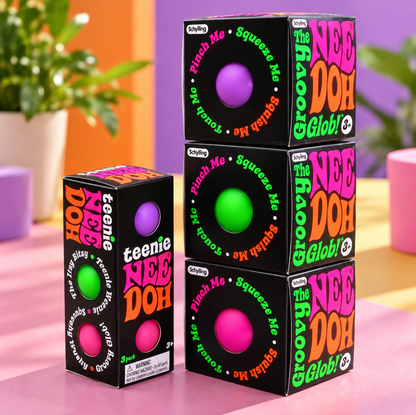 NeeDoh bundle with purple, green and pink Groovy Globs and one Teenie NeeDoh 3-pack, four packages with six squishies total.