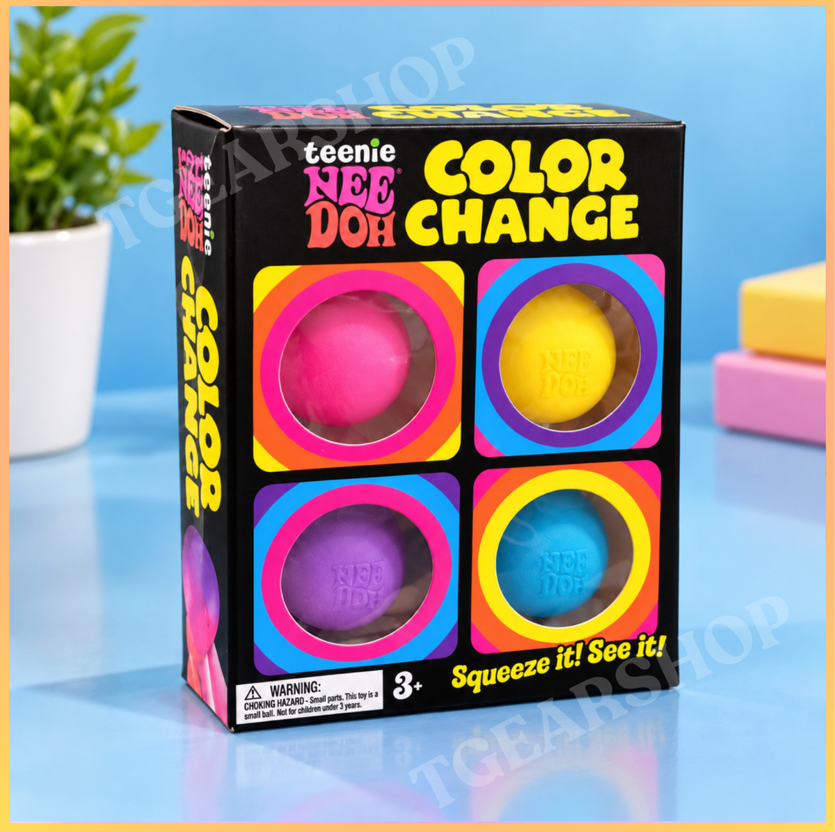 Schylling Teenie NeeDoh Color Change 4-pack with pink, yellow, purple and blue mini squishies.