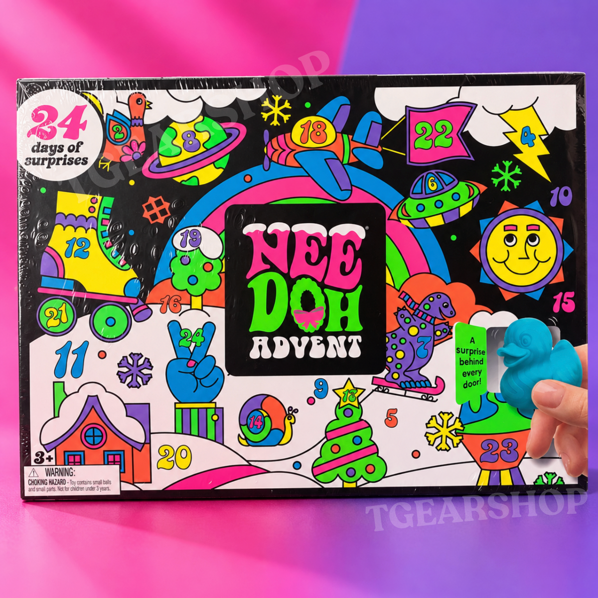 Front of the Schylling NeeDoh Advent Calendar with 24 numbered doors and colorful holiday artwork.
