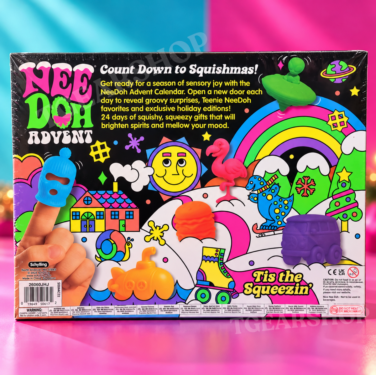 Back of the NeeDoh Advent Calendar showing Count Down to Squishmas text and examples of squishy surprises.