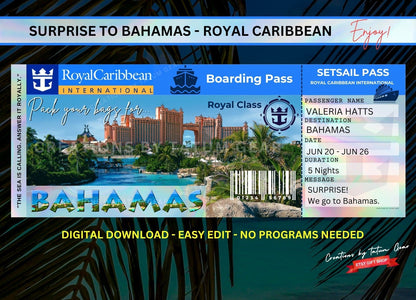 Cruise Printable Ticket Boarding Pass - Surprise Trip to BAHAMAS (Digital print at home)