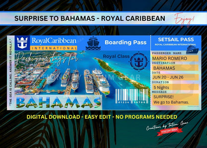 Cruise Printable Ticket Boarding Pass - Surprise Trip to BAHAMAS (Digital print at home)