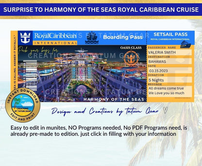 3 Royal Caribbean Cruise Printable Ticket  "HARMONY of the SEAS" Surprise in Minutes